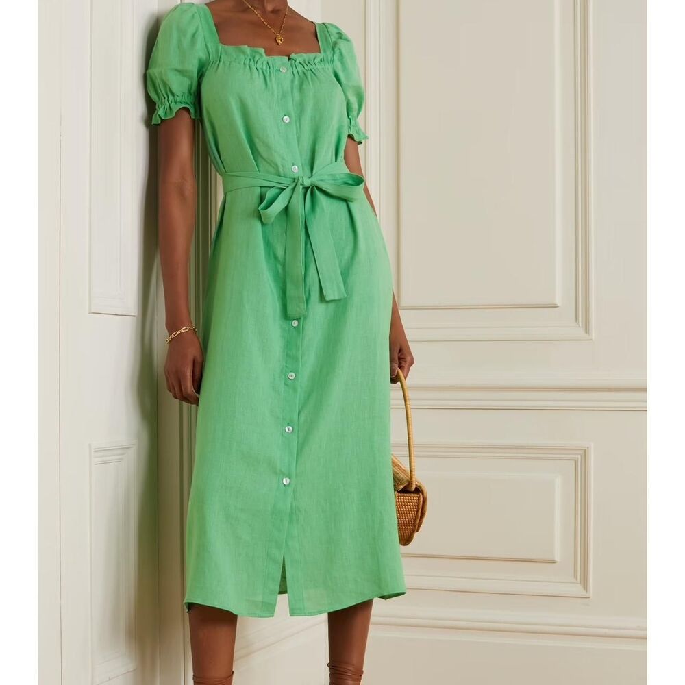 Sleeper Brigitte Green Belted Linen Button Down Midi Dress Size Medium